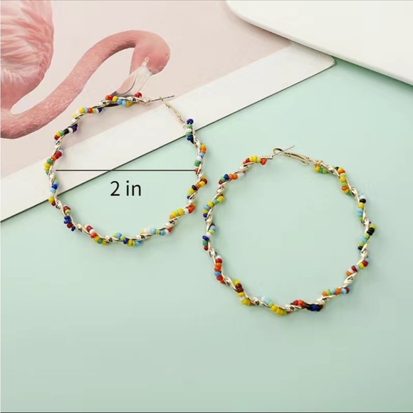 Boho Style Colorful Rice Beaded and Gold Large Hoop Earrings - Picture 4 of 5